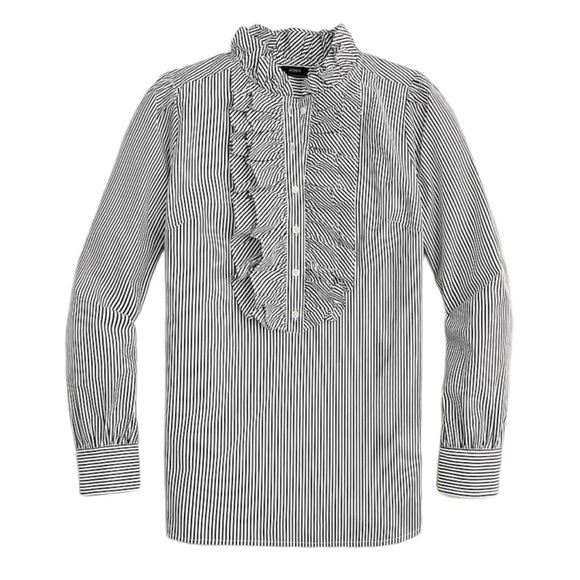 J. Crew Womens L Ruffle Front Classic Fit Boy Shirt In Stripe Black White Size M - Picture 1 of 12